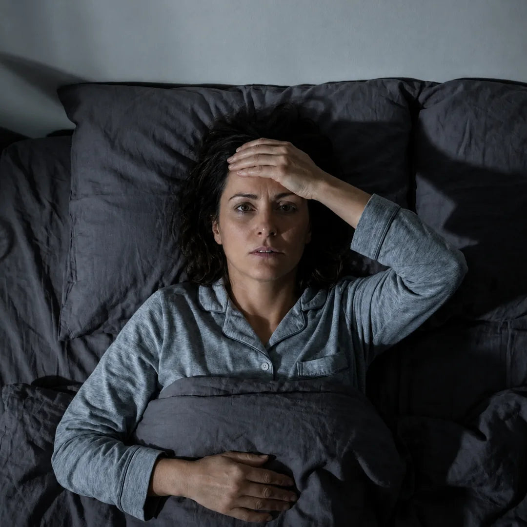 A woman lying awake in bed at night, hand on her forehead