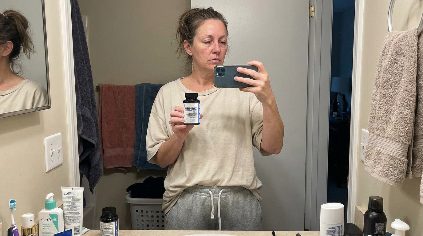 Woman checking her weight on a scale during her wellness journey