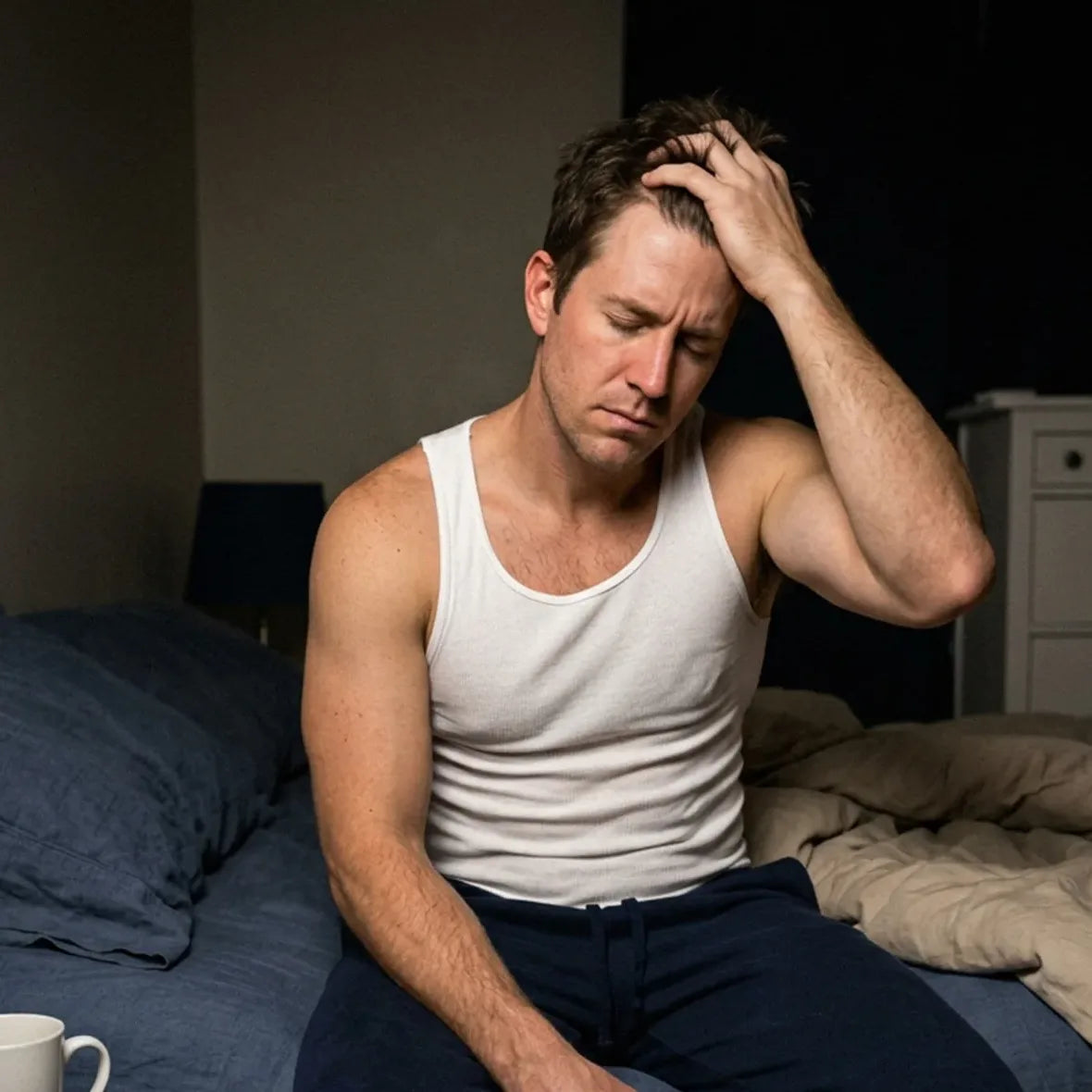 A man sitting on the edge of the bed at night, hand in his hair