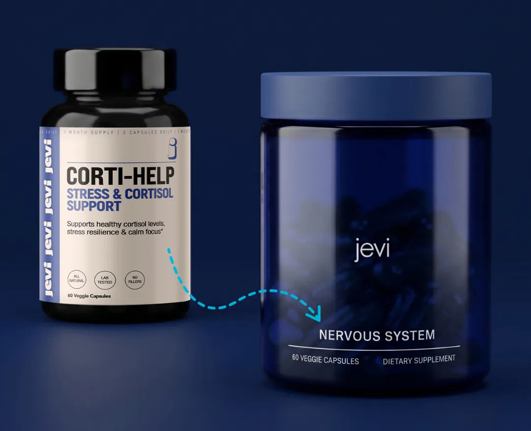 The old Corti-Help bottle with an arrow to the new Jevi Nervous System jar