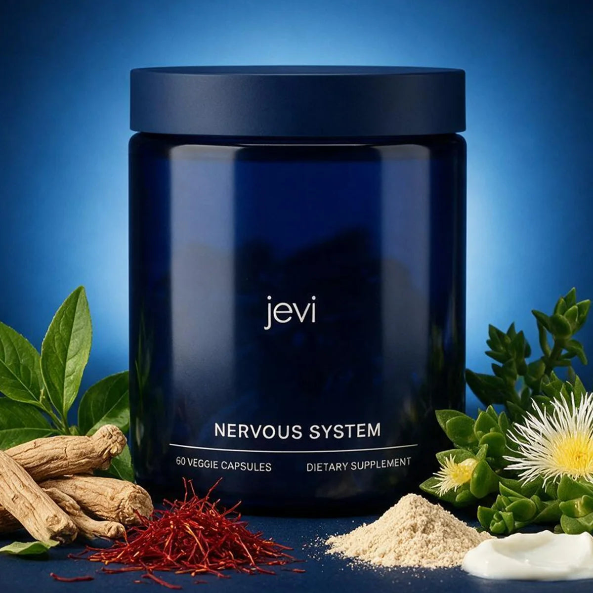 A jar of Jevi Nervous System beside ashwagandha root, saffron and fresh botanicals